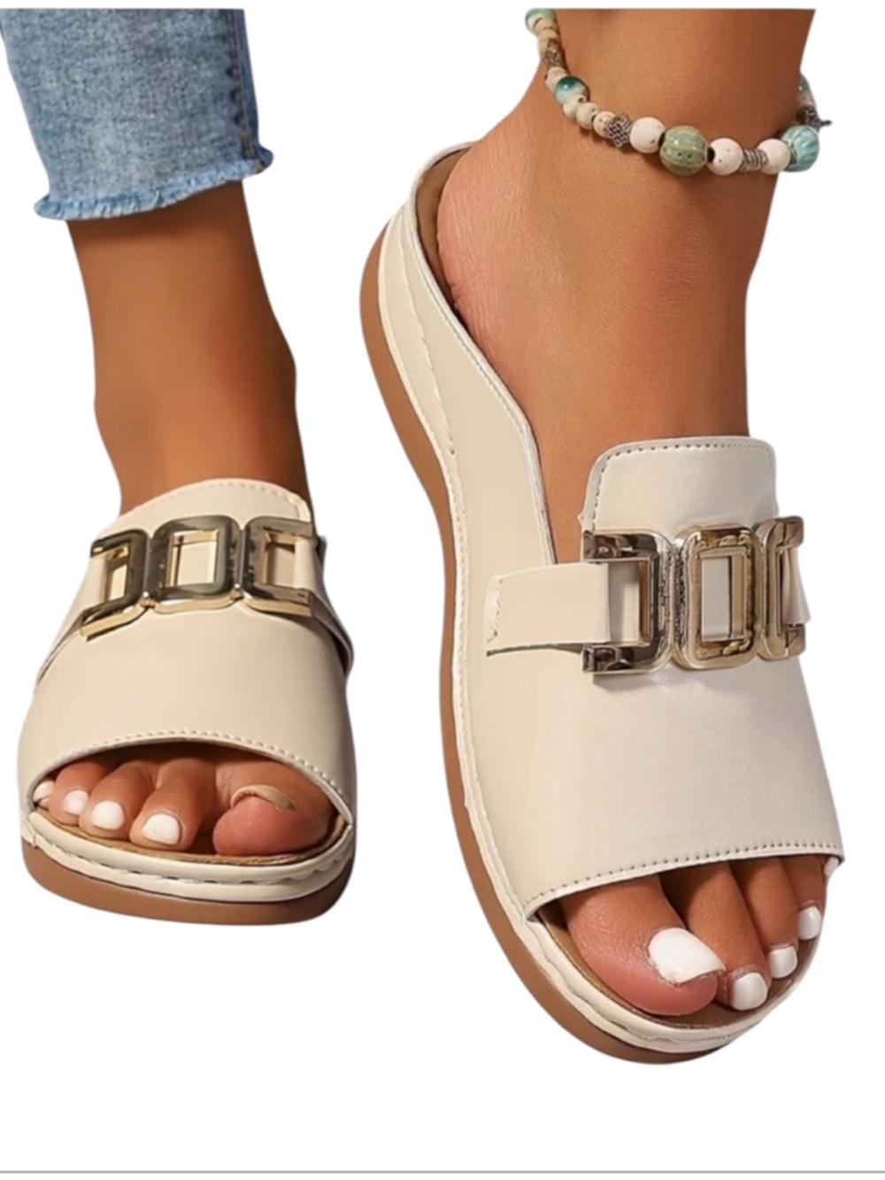 NWOB Kathryn Cream Faux Leather Gold Buckle Slide Sandals EU 39 8.5